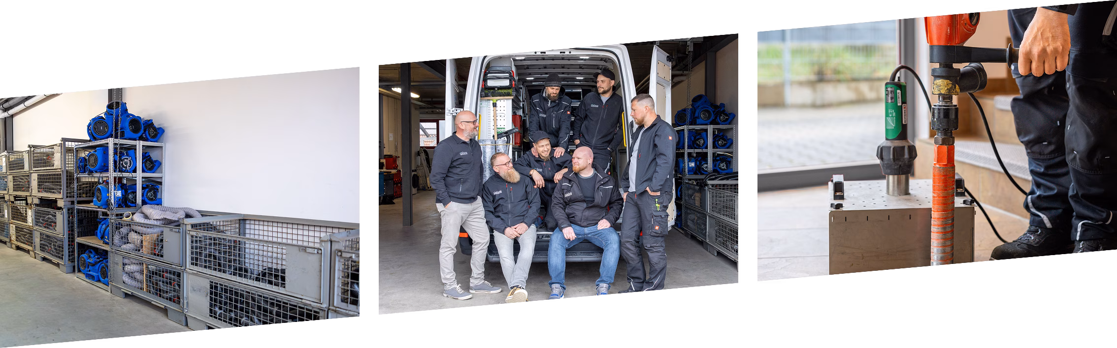 Teamfoto in Werkstatt mit blauen Geräten, LKW und Werkzeug für professionelle Anwendungen.